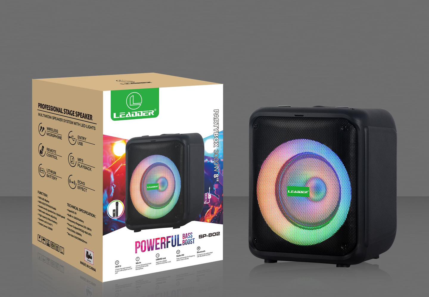 LEADDER Haut-parleur portable/Bluetooth/USB/TF/FM/AUX/ LED/ SP-802-Pro -40W