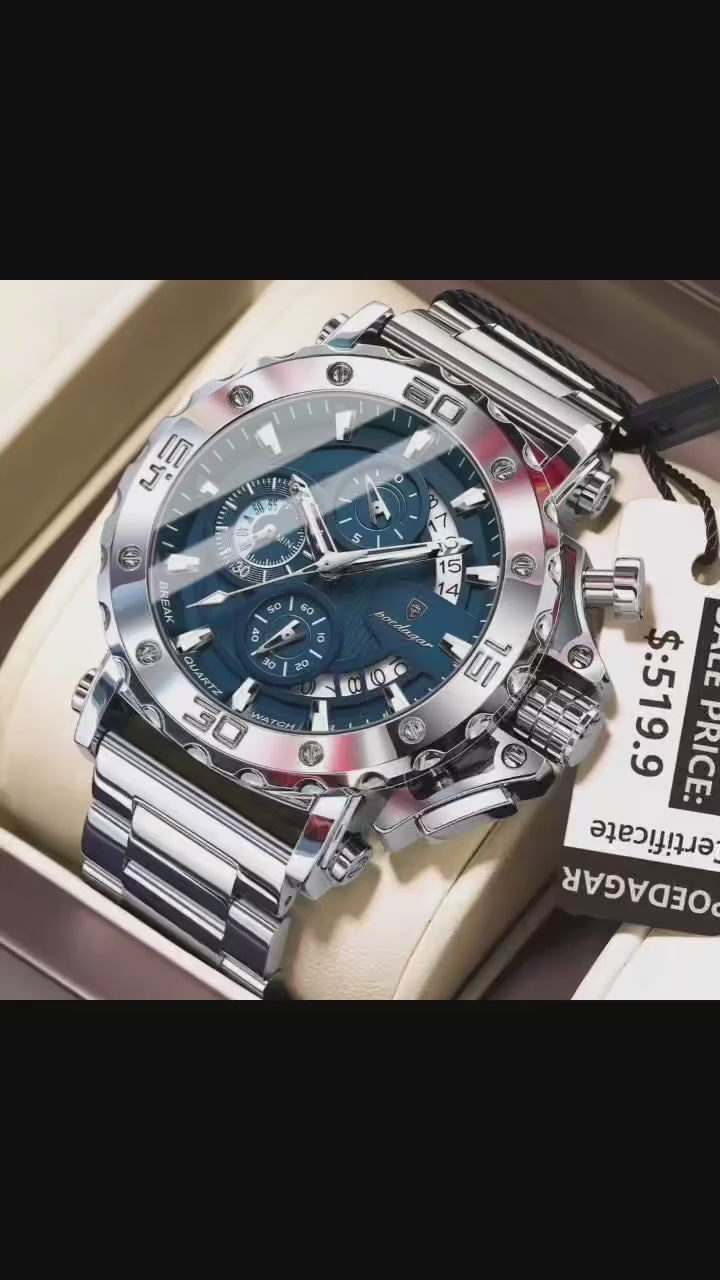 montre POEDAGAR chronographe à quartz pour homme avec boîtier et bracelet en acier inoxydable.
