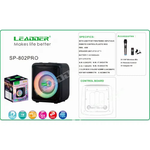 LEADDER Haut-parleur portable/Bluetooth/USB/TF/FM/AUX/ LED/ SP-802-Pro -40W